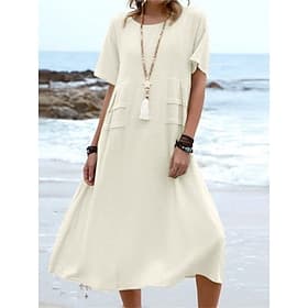 Women's Midi Dress Faux Cotton Linen Kaftan Dress Casual Dress Loose Dress Fashion Modern Casual Daily Outdoor Beach Loose Fit Plain Short Sleeve Crew Neck Blu