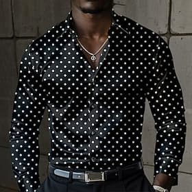 Herre Sateng skjorte Dresskjorter Skjorte med knapper Polkadotter Daglig Feriereise Blå Svart Langermet Aftæpning Sommer Vår Klær Knapper