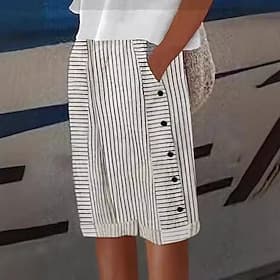 Women's Linen-feel Pants Capri Pants Shorts Summer Shorts Casual Daily Knee Length Striped Side Pockets Breathability Comfortable Inelastic Going out Weekend B