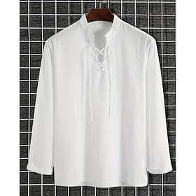 Men's Shirt Casual Shirt Cotton Shirt Plain Hawaiian Holiday Black White Khaki Long Sleeve Band Collar Spring Fall Clothing Apparel Lace up