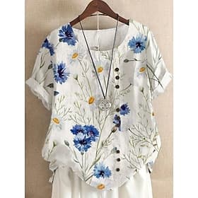 Femmes Chemise Chemises effet lin Chemisier Imprimé Fleuri Occasionnel Manche Courte Col ras du cou Hauts Réguliers Quotidien Vacances Bleu Jaune Bleu Roi Viol
