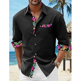 Voor heren Overhemd Linnen overhemd Zomer overhemd Strand Kleding Overhemd met knopen Bloemig Vakantie Curise Zwart Wit Blozend Roze blauw Lange mouw Revers Le
