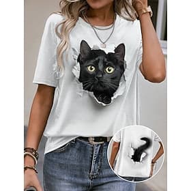Women's T Shirt Casual Short Sleeve Round Neck Cat 3D Print Illusion Graphic Novelty Tee White Breathable Soft Comfortable Summer Daily Wear Pet Lovers Clothin