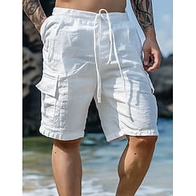 Men's Shorts Linen Shorts Summer Shorts Beach Shorts Drawstring Elastic Waist Multi Pocket Plain Knee Length Outdoor Beach Hawaiian Casual ArmyGreen Black Inel