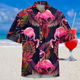 Homme Flamant Tropical Chemise hawaïenne Chemise Aloha Manches courtes Chemise Col rabattu Hawaïen Station balnéaire Extérieur Vacances Plein Air Blanche Rose