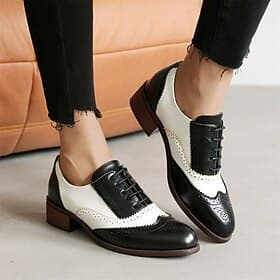 Women's Black White Wingtip Oxfords, Two - Tone Brogue Dress Shoes with Low Heel for Stylish Versatile Wear