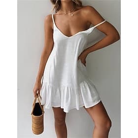 Women's Mini Dress 100% Cotton Sundress White Dress Strap Dress Basic Modern Casual Daily Weekend Loose Fit Plain Sleeveless Spaghetti Strap White Yellow Green