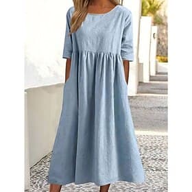 Women's Midi Dress Linen-feel Dresses Shift Dress Casual Dress Vacation Basic Modern Daily Weekend Loose Fit Plain Half Sleeve Shirt Collar Blue White Navy Blu