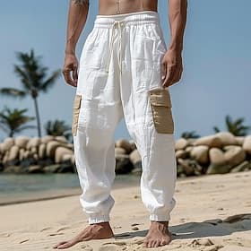 Homme Pantalons en Lin Pantalons Pantalon d'été Cordon de serrage Taille Élastique Multi-poches Uni Confort Respirant Longueur complète Occasionnel Quotidien F