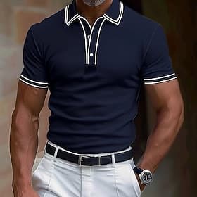 Men's Cotton Polo Shirt Golf Shirt Work Business Ribbed Polo Collar Classic Short Sleeve Basic Modern Solid Color Patchwork Pocket Spring Summer Regular Fit D