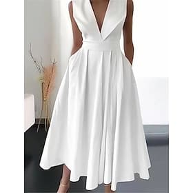 Damen Midikleid Weißes Kleid Einfarbiges Kleid Elegant Streetwear Lässig Urlaub Straße Ferien Normale Passform Ärmellos V Ausschnitt Blau Schwarz Weiß Sommer