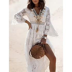Women's Maxi Dress White Lace Dress Boho Dress White Lace Wedding Dress Boho Chic Dresses Elegant Bohemia A Line Vacation Holiday Regular Fit Plain Long Sleeve