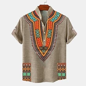 Men's Linen Shirt Henley Shirt Retro Shirts Vintage Shirt Ethnic Shirt Ethnic Vacation Daily Blue Green Khaki Short Sleeve Mandarin Collar Summer Spring Clothi