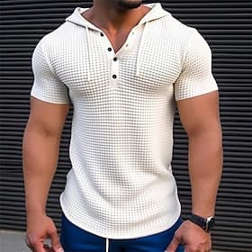 Voor heren Wafelgebreid T-shirt T-shirt Korte mouw Capuchon Zomer Effen Kleur Dagelijks Casual Knop Capuchon Buiten Straat Causaal Groen Wit khaki Top T-shirt