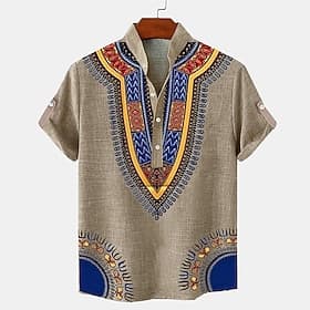 Herren leinenhemd Henley Shirt Retro-Shirts Vintage-Shirt Ethnisches Hemd Urlaub Täglich Grün Khaki Beige Kurzarm Mandarinkragen Sommer Frühling Bekleidung 3D-