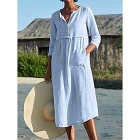 Femmes Robe Midi Robes effet lin Robe Chemise Robe Décontractée Basique Moderne Quotidien Week-end Coupe Ample Uni Manche 3/4 Col en V Bleu Noir Rose Claire Vi