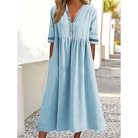 Damen Midikleid 100% Baumwolle Shiftkleid Freizeitkleid Basic Modern Täglich Wochenende Lässiger Schnitt Einfach Halbarm V Ausschnitt Blau Weiß Rosa Grün Somme