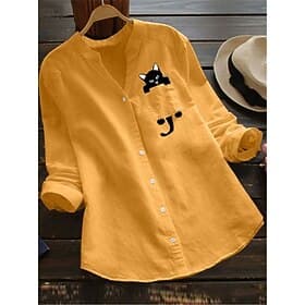 Chemise femme effet lin, blouse imprimée chat, basique moderne col V, style quotidien, blanche, jaune, vert kaki, rouge, été