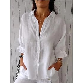 Shirt 100%cotton Cotton Linen Shirts Button Up Blouse Women's Black White Pink Plain Buttons Daily Street Fashion Shirt Collar Regular Fit S