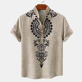 Men's Linen Shirt Henley Shirt Retro Shirts Vintage Shirt Ethnic Shirt Ethnic Vacation Daily Green Khaki Beige Short Sleeve Mandarin Collar Summer Spring Cloth