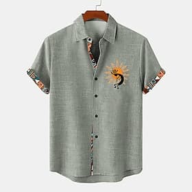 Herren Hemd leinenhemd Sommer Hawaiihemd Retro-Shirts Vintage-Shirt Ethno-Hemd Täglich Hellgrün Blau Himmelblau Braun Kurzarm Umlegekragen Sommer Frühling Bekl