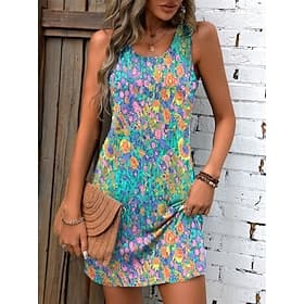 Damen Mini Kleid Petite Kleid Sommerkleid Tank Kleid Sommerkleid Lässig Urlaub Täglich Feiertag Reguläre Passform Floral Ärmellos Rundhals Blau Sommer