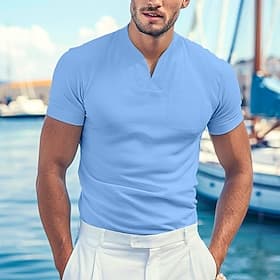 Men's T Shirt Tee Top Short Sleeve V Neck Summer Plain Fashion Designer Basic V Neck Front Pocket Vacation Going out Casual Daily Yellow Top Tee for Men