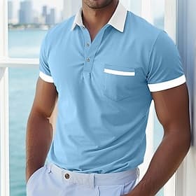 Men's Golf Shirt Pique Polo Shirt Casual Work Lapel Ribbed Polo Collar Short Sleeve Basic Modern Color Block Patchwork Pocket Spring Summer Regular Fit Blue R