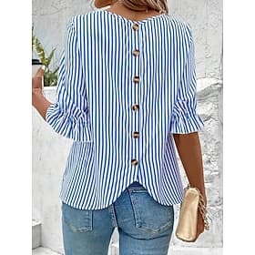 Damen Bluse Elegante Oberteile Rüsche Knöpfe Gestreift Elegant Bohemien Halbarm Rundhalsausschnitt Arbeit Blau Sommer