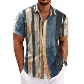 Herren Hemd leinenhemd Retro-Shirts Vintage-Shirt Ethnisches Hemd Gestreift Formal Outdoor Blau Kurzarm Umlegekragen Sommer Bekleidung