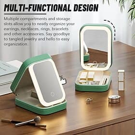 LED Lighted Makeup Mirror with Adjustable Brightness, Portable Vanity Mirror with Built-in Organizer, Travel Cosmetic Case with Jewelry Storage, USB Rechargeab