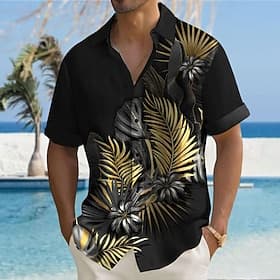 Men's Palm Leaf Tropical Plants Summer Hawaiian Shirt Aloha Shirt Short Sleeves Shirt Turndown Hawaiian Casual Resort Casual Outdoor Vacation Black Grey Black