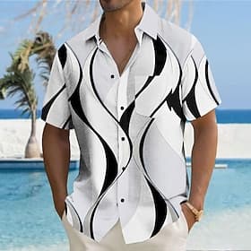 Men's Geometric Lines / Waves Geometric Pattern Button Up Shirt Printed Shirts Short Sleeve Hawaiian Resort Casual Daily Causal Summer Turndown Print Button-Do