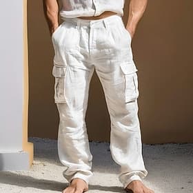 Herren Leinenhosen Hose Sommerhose Mehrere Taschen Gerader Schnitt Einfach Komfort Atmungsaktiv Volle Länge Outdoor Täglich Ausgehen Mode Streetwear Schwarz We
