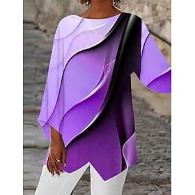 Damenbluse Langarm Asymmetrisch Saum Tunika Top Chiffon Stilvoll Neon Helle Ombre Druck Asymmetrischer Saum Lange Tops Runder Ausschnitt Lässig Täglich Pink L
