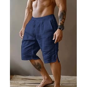 Men's Shorts Linen Shorts Summer Shorts Split Front Pocket Straight Leg Plain Comfort Breathable Knee Length Party Outdoor Casual Fashion Basic Black White