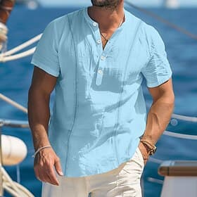 Men's Shirt Linen Shirt Guayabera Shirt Popover Shirt Summer Shirt Beach Wear Plain Vacation Curise White Royal Blue Khaki Light Blue Short Sleeve Collar Summe