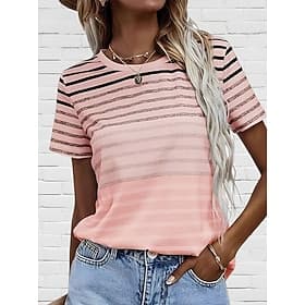 Women's T Shirt Casual Striped Print Short Sleeve Regular Tops Crew Neck Daily Pink Blue Purple Summer