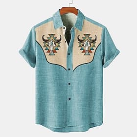 Men's Shirt Linen Shirt Retro Shirts Vintage Shirt Ethnic Shirt Western Work Causal Blue Green khaki Short Sleeve Turndown Summer Spring Clothing Apparel