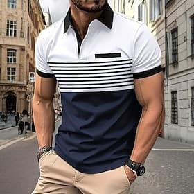 Men's Striped Polo Shirts Golf Shirt Short Sleeve Polo Shirts Collared Shirts Business Casual WorkWear Formal Wear Festival Wear 3D Print Buttons Spring Summe