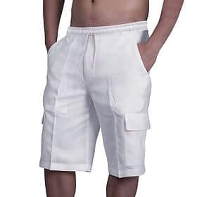 Men's Cargo Shorts Shorts Linen Shorts Summer Shorts Beach Shorts Drawstring Elastic Waist Multi Pocket Plain Knee Length Beach Hawaiian Casual Black White Ine
