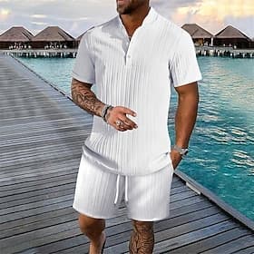 Men's T-shirt Suits 2 Pieces Outfits Tee Shorts Short Sleeve Henley Summer Plain Fashion Casual 2 Piece Vacation Daily Wear Going out Black White Royal Blue T