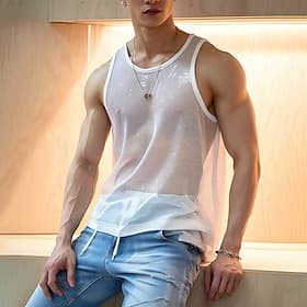 Men's Tank Top Vest Sleeveless Crewneck Summer Plain Fashion Modern Style Mesh Transparent Street Holiday White Top Tee for Men