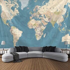 World Map Wall Tapestry Art Decor Blanket Curtain Picnic Tablecloth Hanging Home Bedroom Living Room Dorm Decoration Vintage Topography Parchment Style