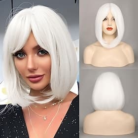 Weiße Bob-Perücken für Frauen kurze Bob-Perücke mit Pony 14 Zoll gerade Perücken weiche synthetische Vollperücken für tägliche Partys Halloween-Perücken
