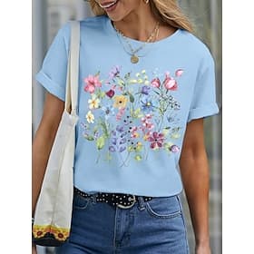 Women's T Shirt Basic Casual Floral Print Short Sleeve Regular Tops Crew Neck Daily Black White Blue Purple Summer