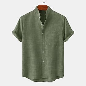 Men's Linen Shirt Casual Shirt Band Collar Shirt Plain Beach Vacation Black White Yellow Pink Short Sleeve Henley Spring Summer Clothing Apparel Front Pocket