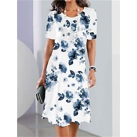 Robe midi élégante de soirée pour femmes col rond manches courtes robe décontractée robe d'été coupe régulière graphique floral noir et blanc rouge bleu violet