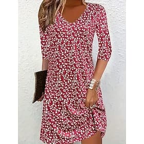 Pulloverkleid für Damen mit grafischem Blumendruck und V-Ausschnitt, Midikleid, elegant, Bohème, für zu Hause, täglich, 3/4-Ärmel, Sommer, Frühling