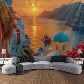 Greece Landscape Hanging Tapestry Wall Art Large Tapestry Mural Decor Photograph Backdrop Blanket Curtain Home Bedroom Living Room Decoration